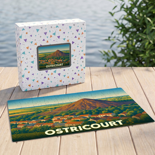 Puzzle souvenir de la ville d'Ostricourt illustrant un paysage de terril et sa boîte assortie.