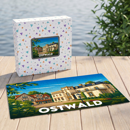 Puzzle souvenir de la ville d'Ostwald avec une illustration stylisée d'un manoir et de maisons alsaciennes.