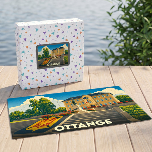 Puzzle souvenir de la ville d'Ottange avec une illustration stylisée de son hôtel de ville.