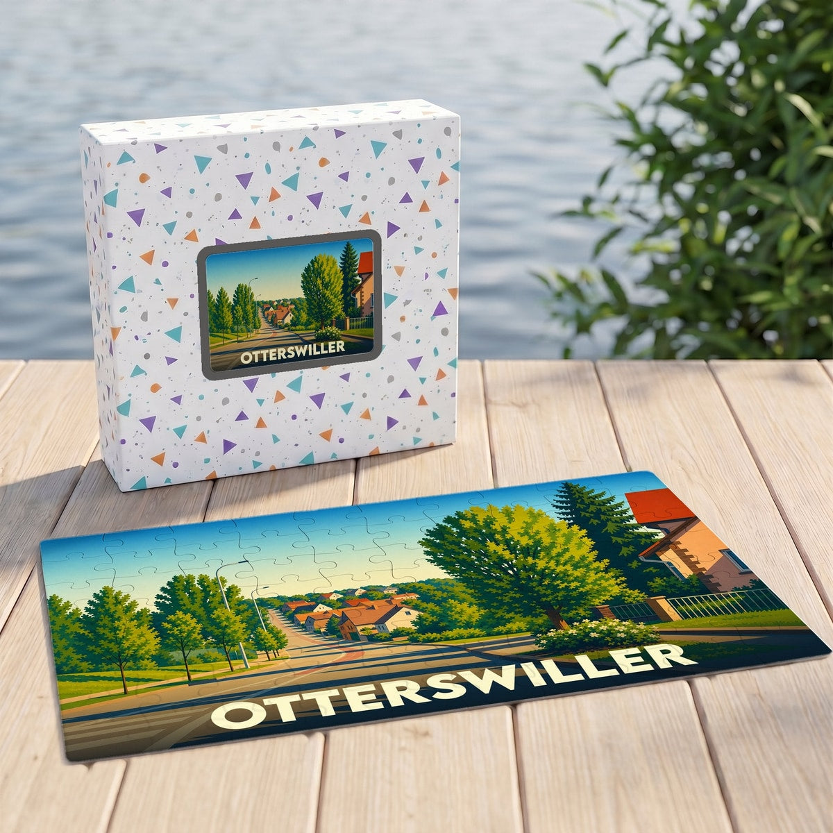 Puzzle souvenir de la ville d'Otterswiller avec une illustration stylisée d'un paysage urbain verdoyant.