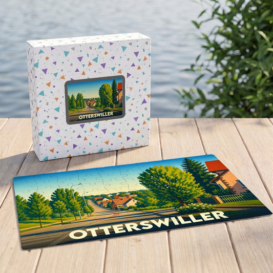 Puzzle souvenir de la ville d'Otterswiller avec une illustration stylisée d'un paysage urbain verdoyant.