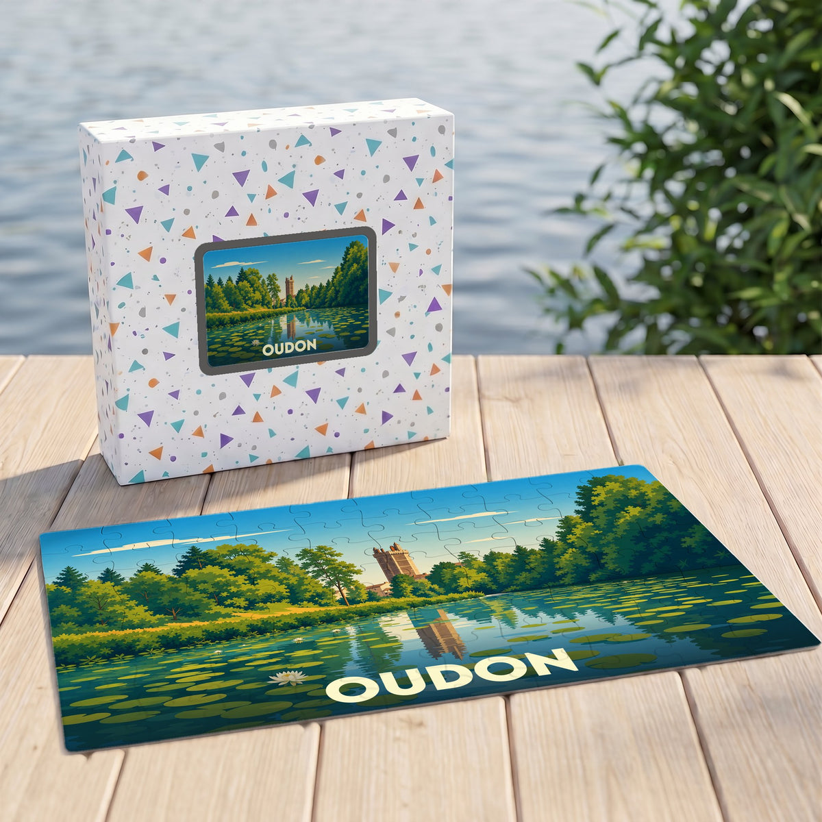 Puzzle souvenir de la ville d'Oudon illustrant un paysage de rivière avec château et forêt dans un style graphique épuré.