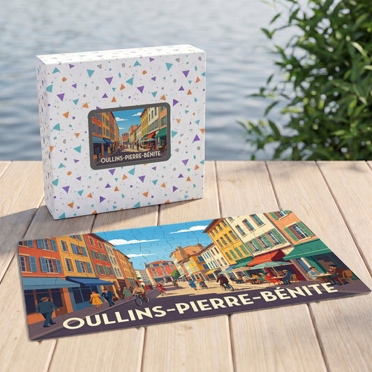 Puzzle souvenir de la ville de Oullins-Pierre-Bénite avec une illustration stylisée et colorée.