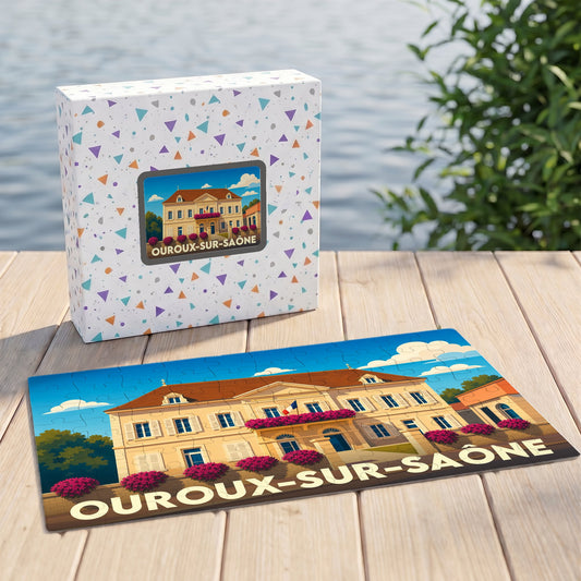 Puzzle souvenir de la ville d'Ouroux-sur-Saône avec une illustration stylisée d'un bâtiment historique.
