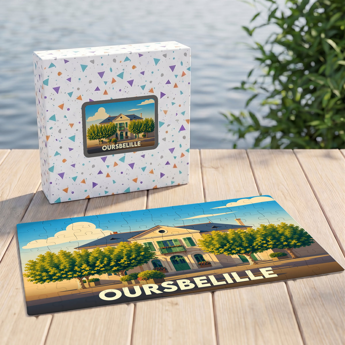 Puzzle souvenir de la ville d'Oursbelille avec une illustration stylisée d'un bâtiment remarquable.