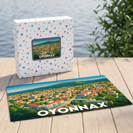 Puzzle souvenir de la ville d'Oyonnax avec une illustration stylisée et colorée.