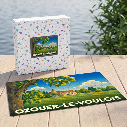 Puzzle souvenir de la ville de Ozouer-le-Voulgis avec une illustration champêtre stylisée.