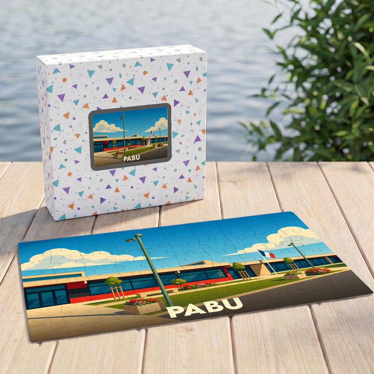 Puzzle souvenir de la ville de Pabu avec une illustration stylisée d'un bâtiment moderne sous un ciel bleu.