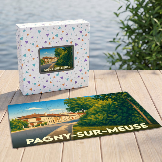 Puzzle souvenir de la ville de Pagny-sur-Meuse avec une illustration stylisée et colorée.