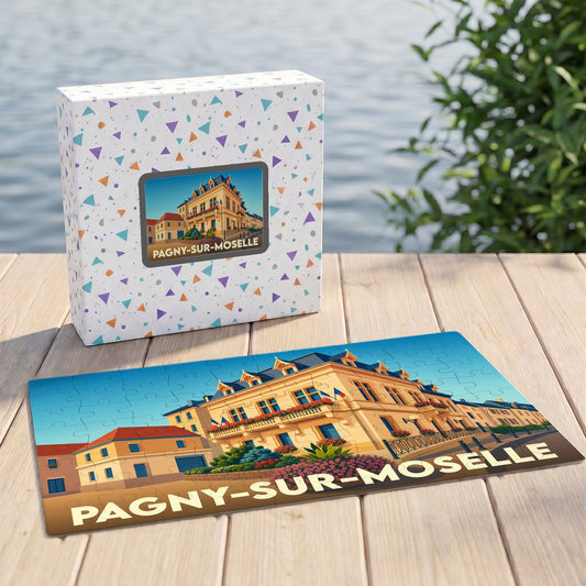 Puzzle souvenir de la ville de Pagny-sur-Moselle avec une illustration stylisée de son hôtel de ville.