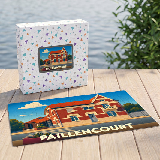 Puzzle souvenir de la ville de Paillencourt avec une illustration stylisée de l'architecture locale.