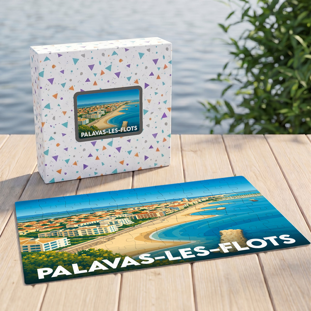 Puzzle souvenir de la ville de Palavas-les-Flots avec une illustration panoramique de sa côte et de ses plages.