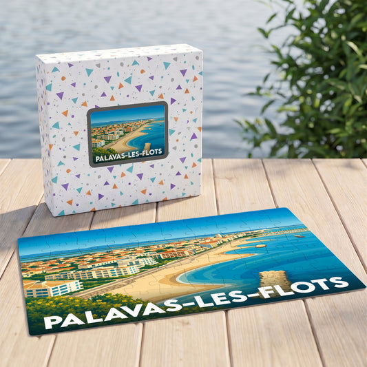 Puzzle souvenir de la ville de Palavas-les-Flots avec une illustration panoramique de sa côte et de ses plages.