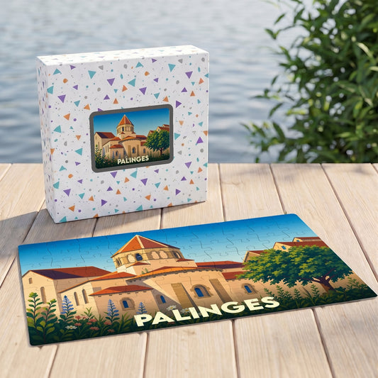Puzzle souvenir de la ville de Palinges avec une illustration stylisée d'un monument historique.