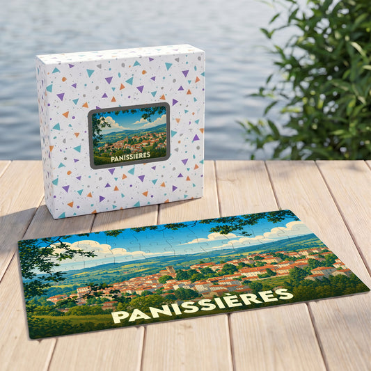 Puzzle souvenir de la ville de Panissières avec une illustration panoramique stylisée.