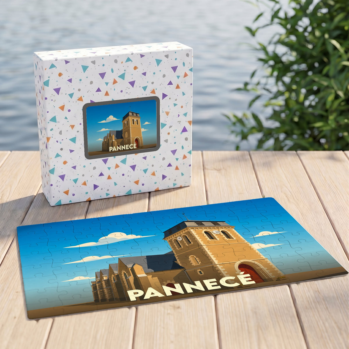Puzzle souvenir de la ville de Pannecé avec son illustration stylisée de l'église locale.
