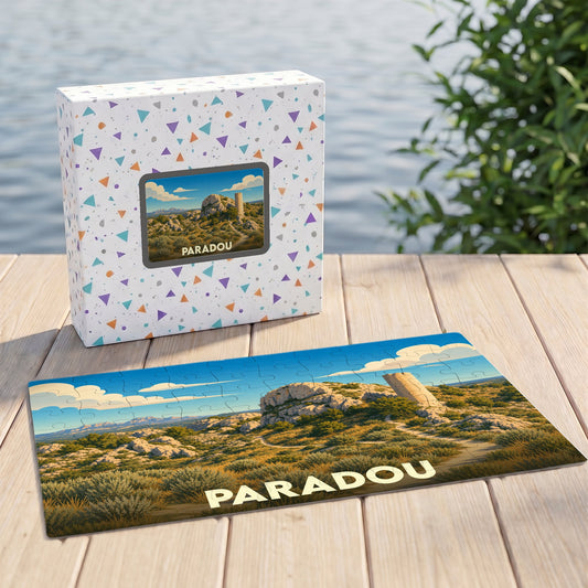 Puzzle souvenir de la ville de Paradou avec une illustration de paysage provençal et sa boîte assortie.