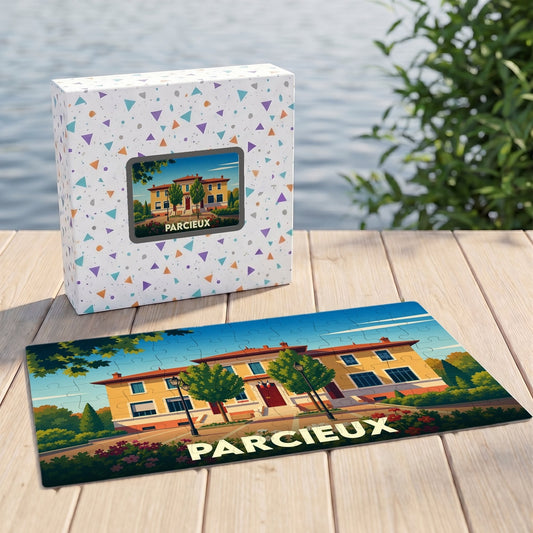 Puzzle souvenir de la ville de Parcieux illustrant son patrimoine architectural dans un style coloré et épuré.
