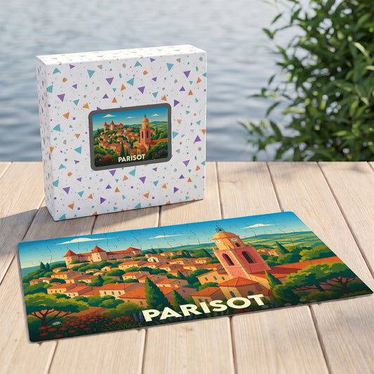 Puzzle souvenir de la ville de Parisot avec une illustration colorée de ses paysages et de son architecture.