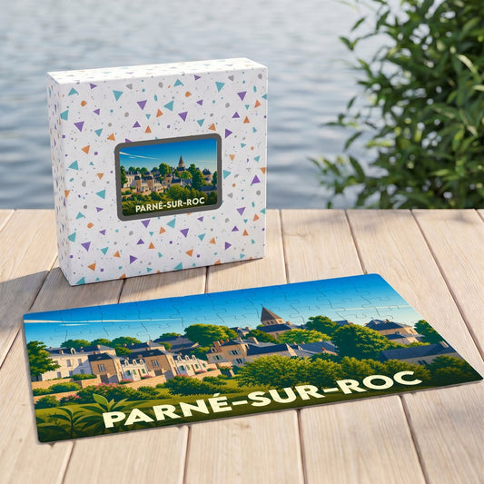 Puzzle souvenir de la ville de Parné-sur-Roc avec une illustration colorée représentant ses maisons et son clocher.