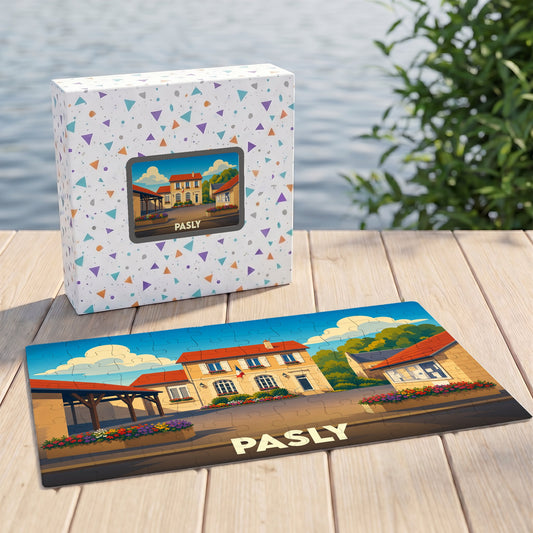 Puzzle souvenir de la ville de Pasly avec une illustration stylisée d'un village ensoleillé.