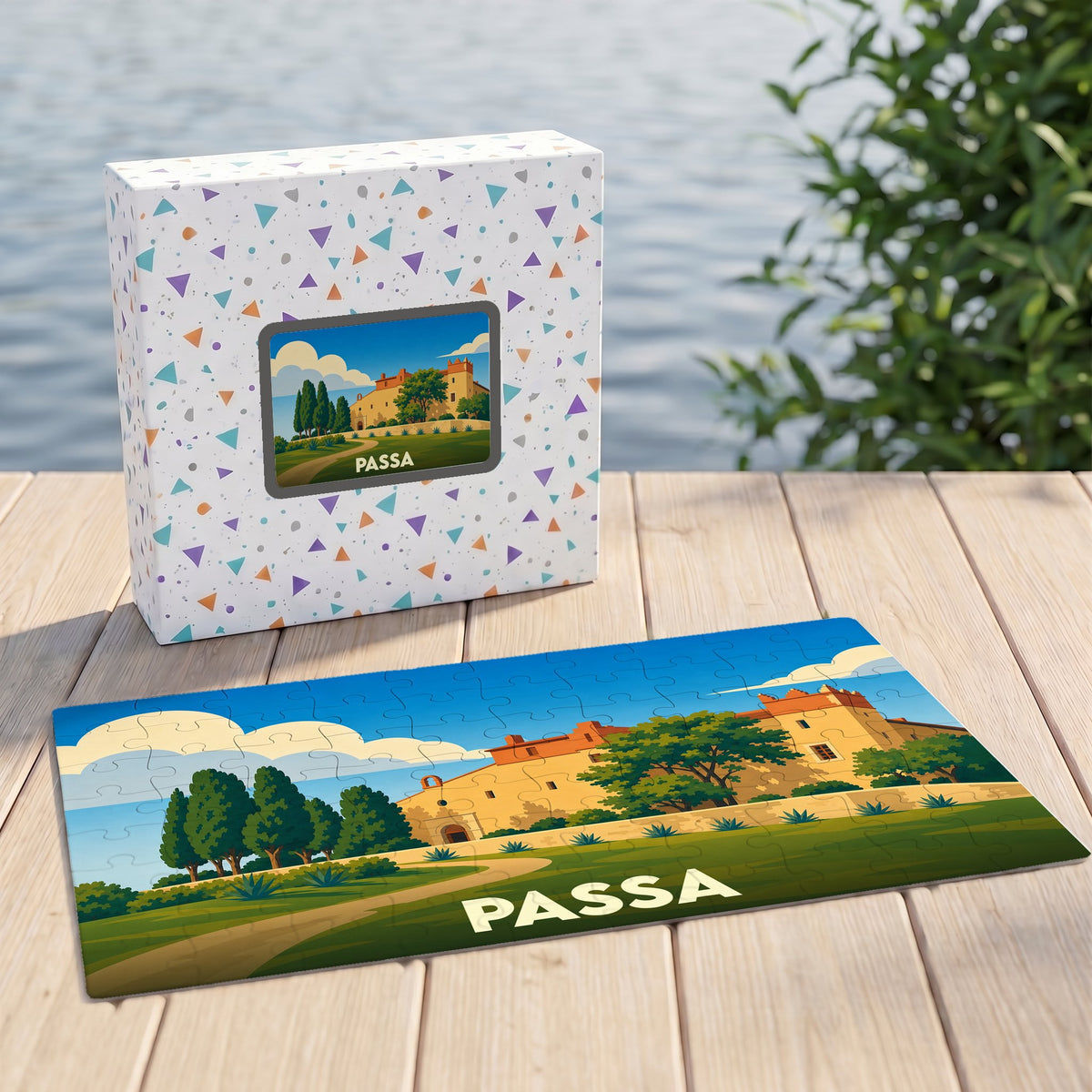 Puzzle souvenir de la ville de Passa représentant une illustration stylisée d'un paysage méditerranéen.