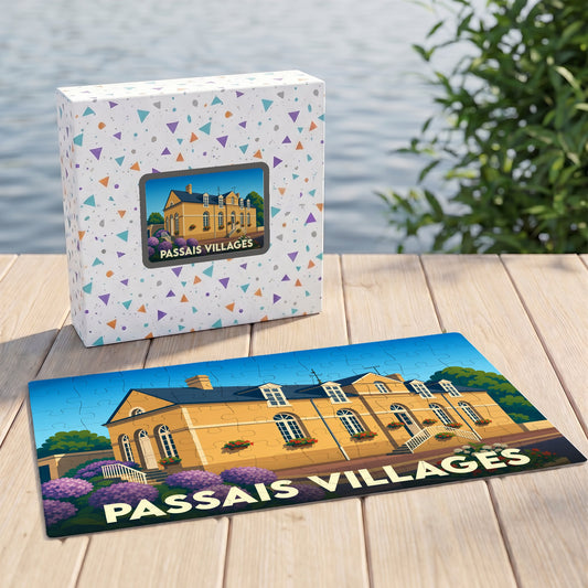 Puzzle souvenir de la ville de Passais Villages avec une illustration stylisée d'un bâtiment historique.