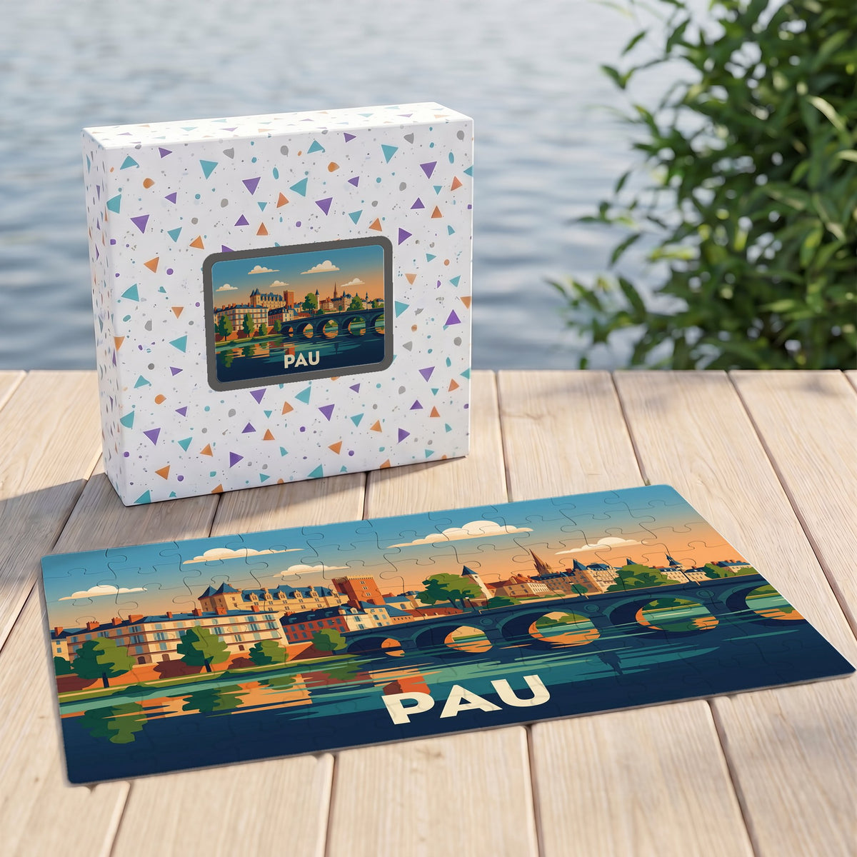 Puzzle souvenir de la ville de Pau présentant une illustration stylisée de son château et de son pont au bord de l'eau.