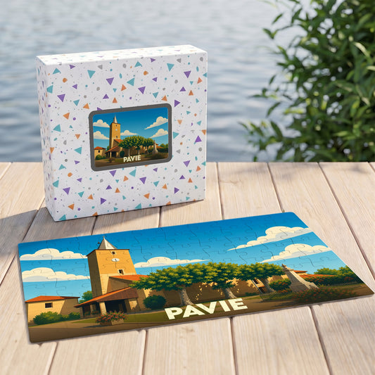 Puzzle souvenir de la ville de Pavie avec une illustration stylisée et colorée.