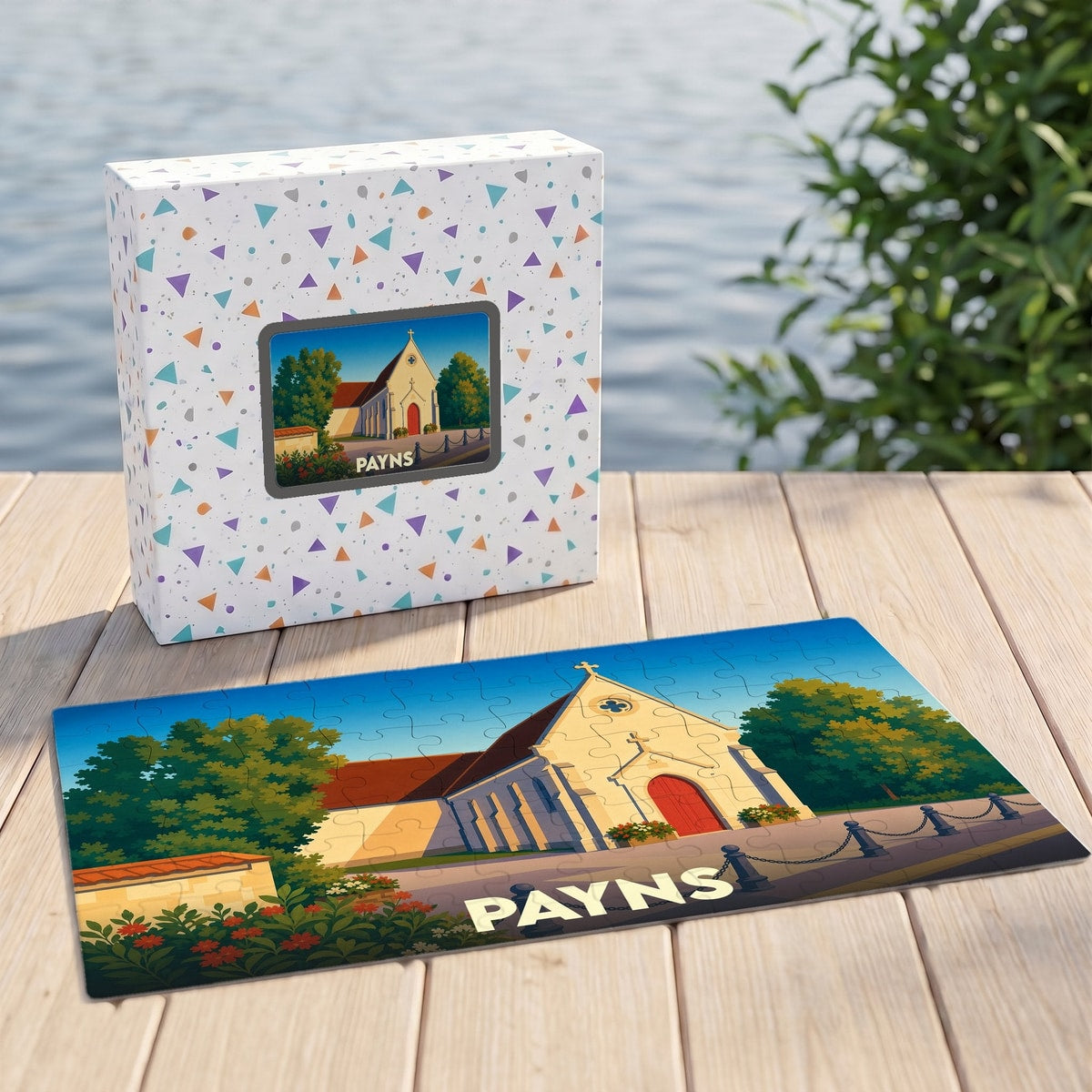 Puzzle souvenir de la ville de Payns illustrant son église avec un style graphique épuré.