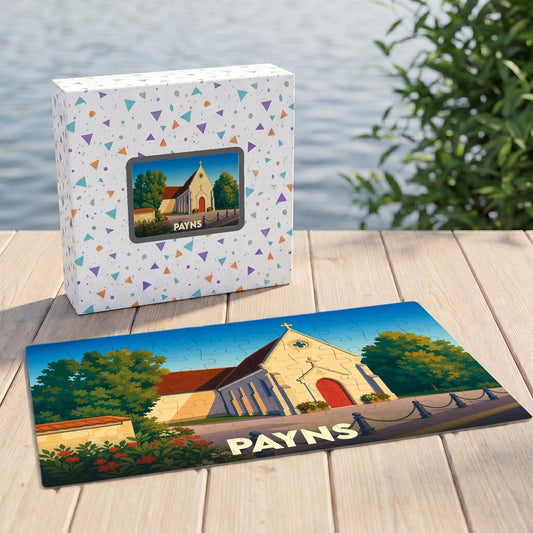 Puzzle souvenir de la ville de Payns illustrant son église avec un style graphique épuré.