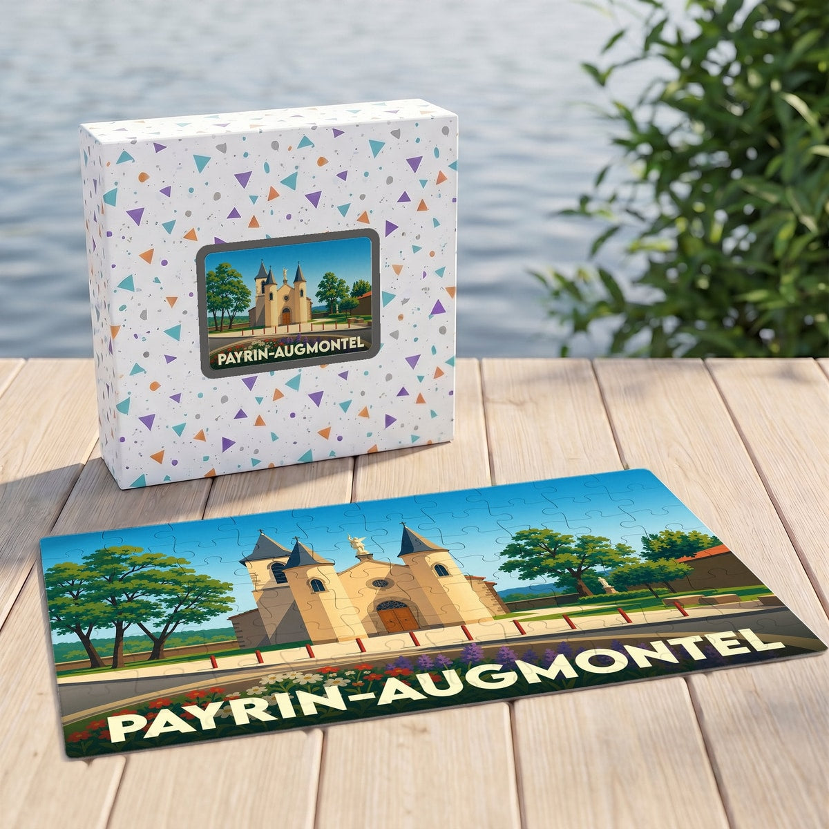 Puzzle souvenir de la ville de Payrin-Augmontel avec une illustration stylisée de son église.