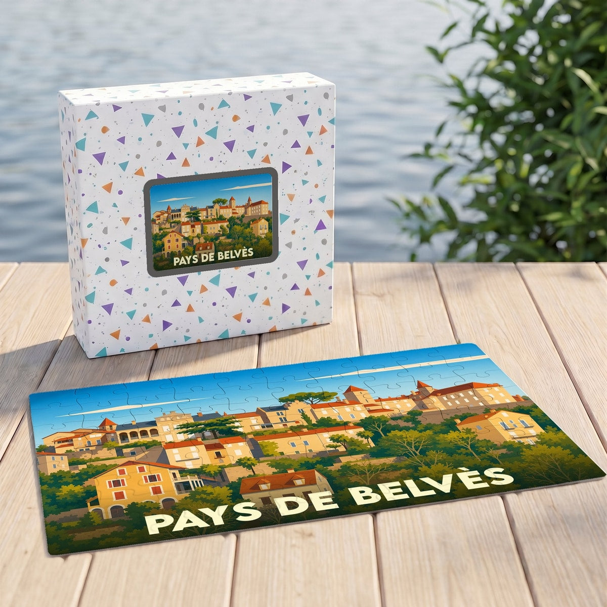 Puzzle souvenir de Pays de Belvès avec une illustration stylisée des toits de la cité médiévale.