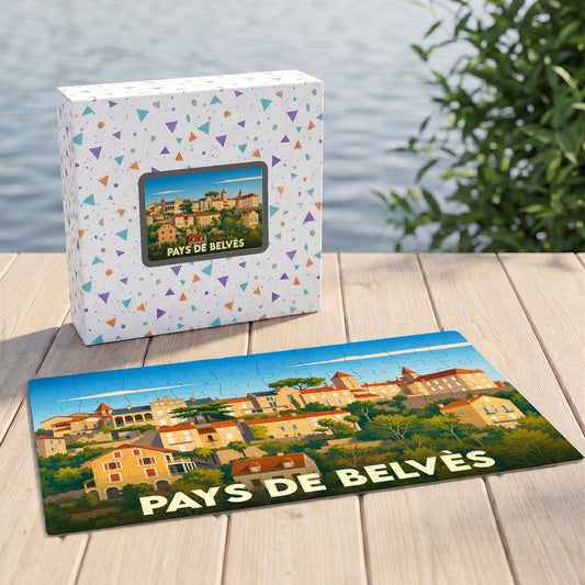 Puzzle souvenir de Pays de Belvès avec une illustration stylisée des toits de la cité médiévale.