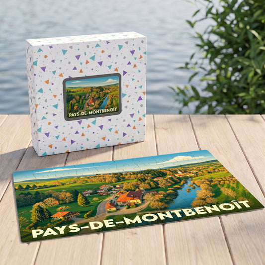 Puzzle souvenir de la ville de Pays-de-Montbenoît avec une illustration de paysage champêtre.