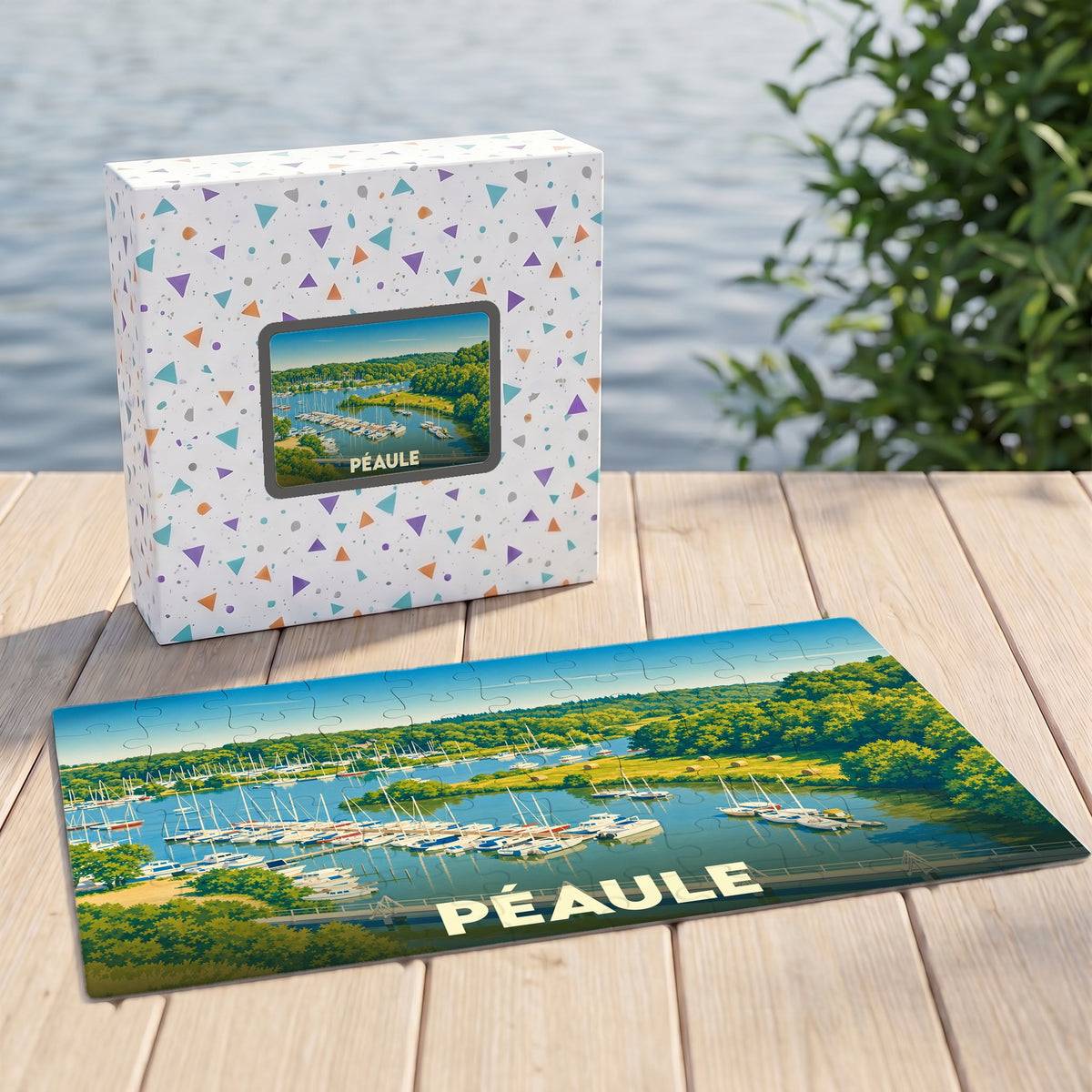 Puzzle souvenir de la ville de Péaule avec une illustration stylisée d'un port de plaisance.