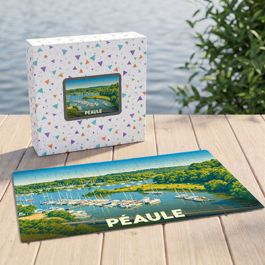 Puzzle souvenir de la ville de Péaule avec une illustration stylisée d'un port de plaisance.