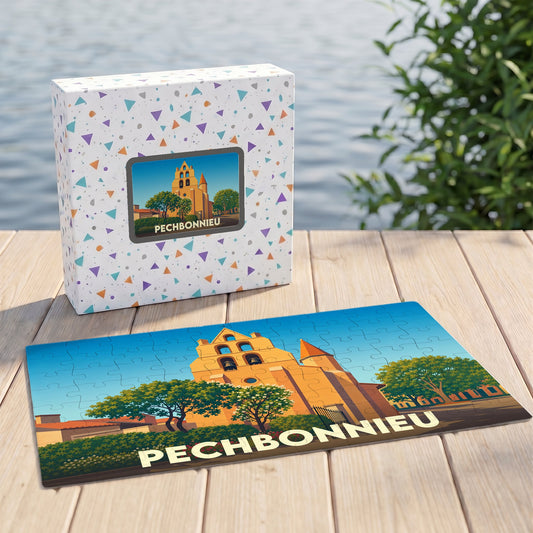 Puzzle souvenir de la ville de Pechbonnieu avec une illustration stylisée de son église.