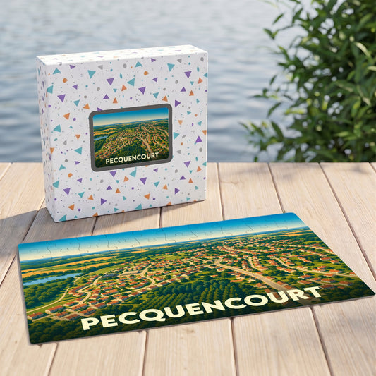Puzzle souvenir de la ville de Pecquencourt illustré par une vue aérienne stylisée.