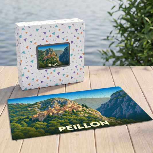 Puzzle souvenir de la ville de Peillon avec une illustration stylisée d'un village perché.