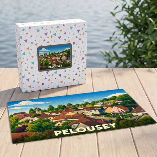 Puzzle souvenir de la ville de Pelousey illustrant un paysage de village vallonné.