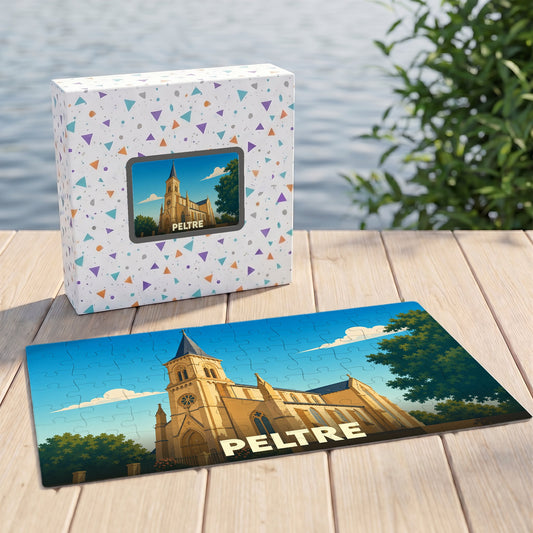 Puzzle souvenir de la ville de Peltre avec une illustration stylisée de son église.