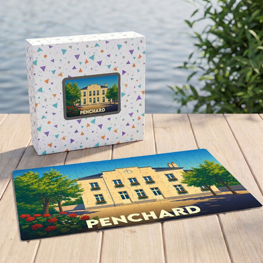 Puzzle souvenir de la ville de Penchard avec une illustration stylisée d'un bâtiment communal.