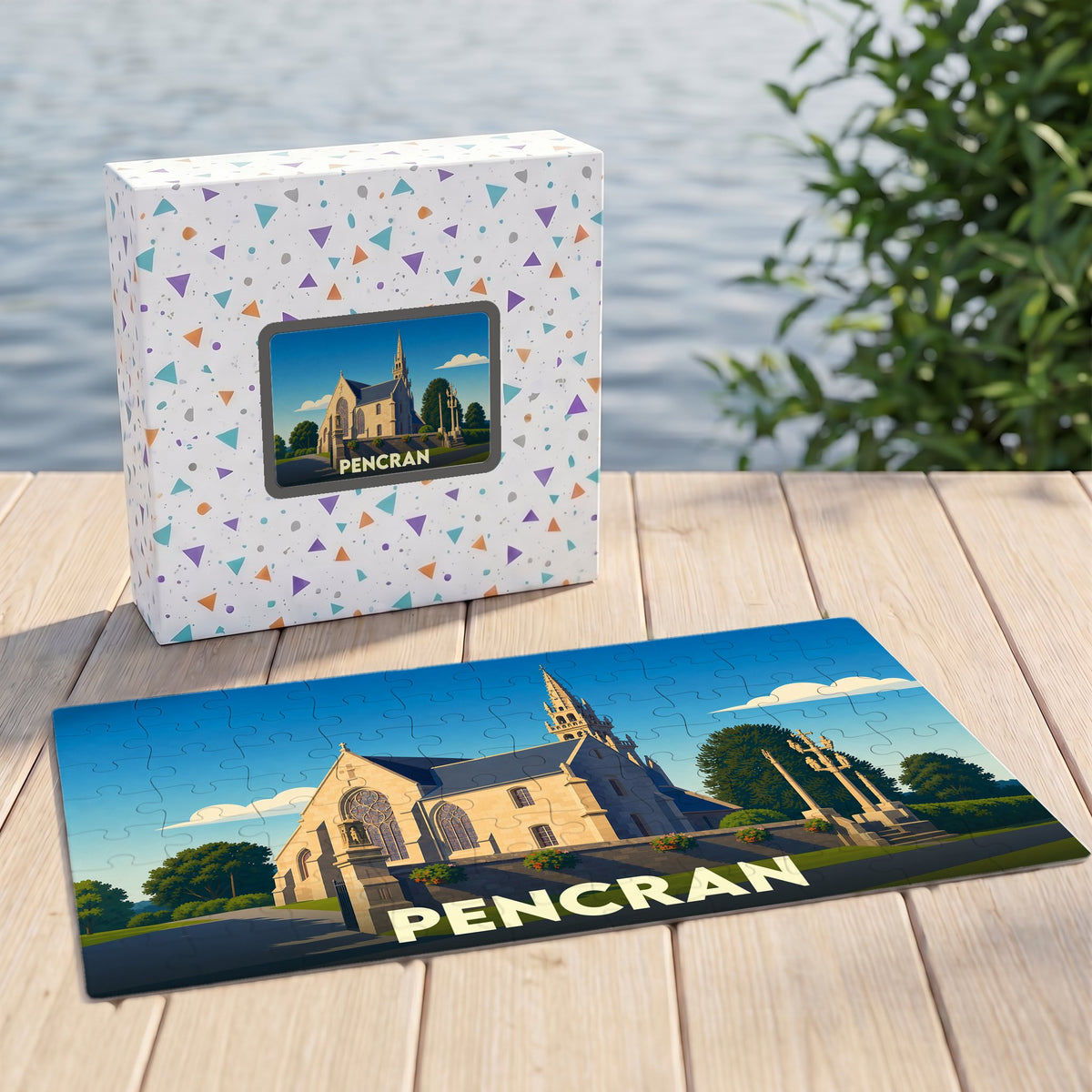 Puzzle souvenir de la ville de Pencran avec une illustration stylisée de son église.
