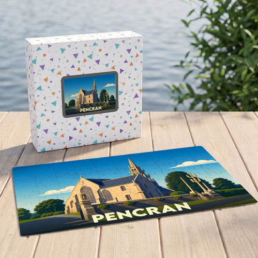 Puzzle souvenir de la ville de Pencran avec une illustration stylisée de son église.