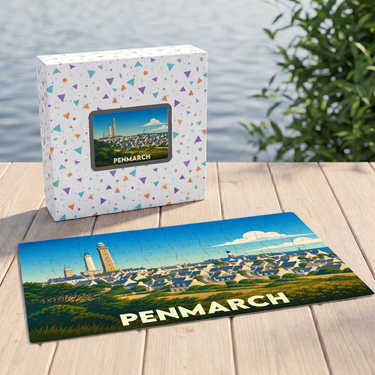 Puzzle souvenir de la ville de Penmarch avec une illustration stylisée de son phare et de ses côtes.