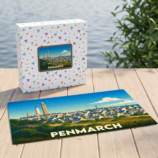 Puzzle souvenir de la ville de Penmarch avec une illustration stylisée de son phare et de ses côtes.
