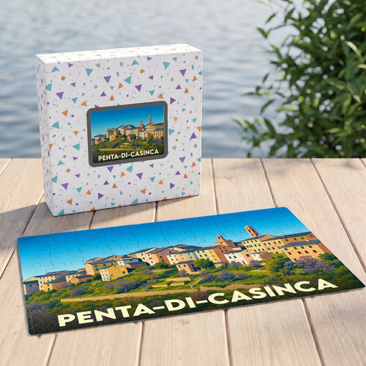 Puzzle souvenir de la ville de Penta-di-Casinca avec une illustration stylisée et colorée.
