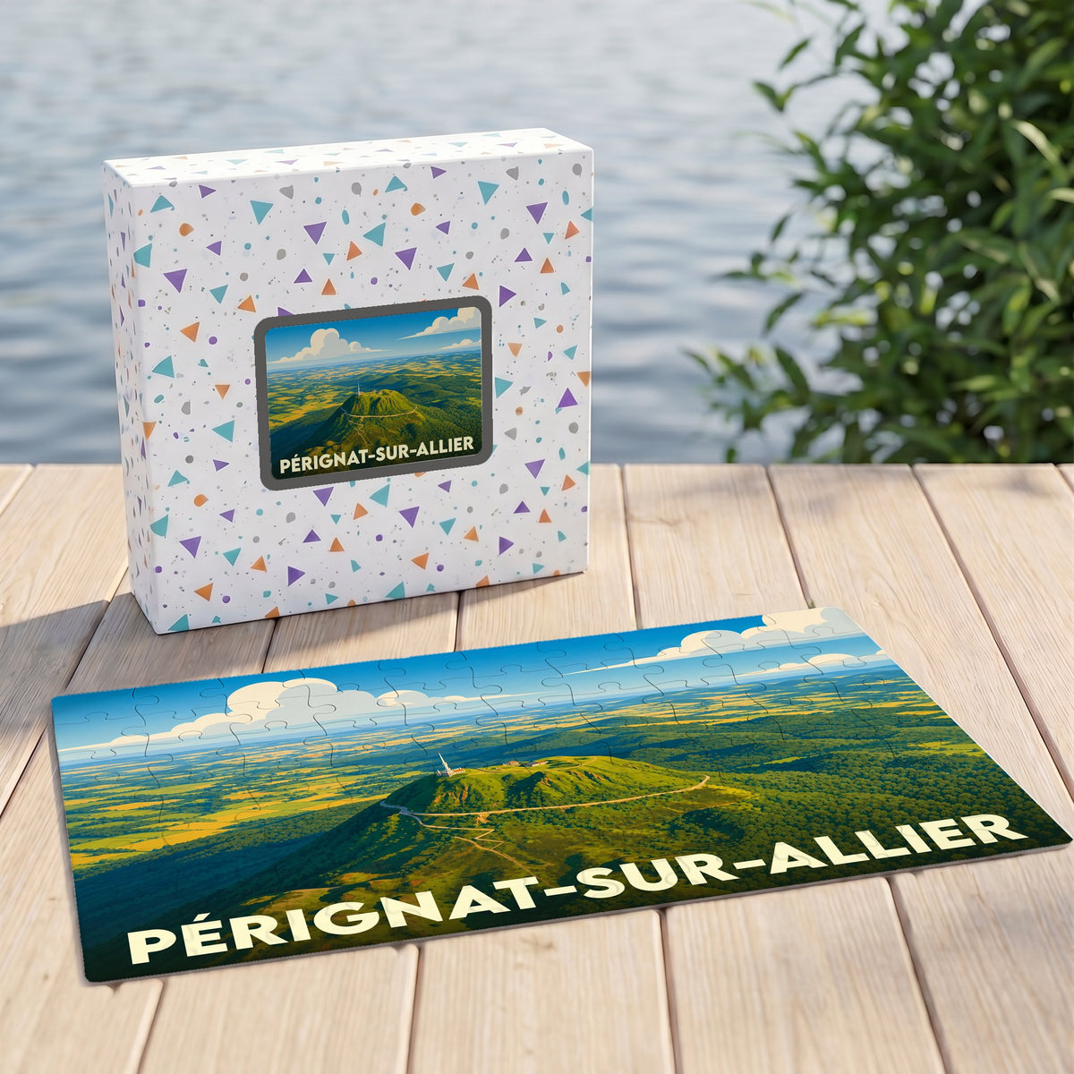 Puzzle souvenir de la ville de Pérignat-sur-Allier représentant une vue aérienne stylisée du Puy de Dôme et de ses environs.