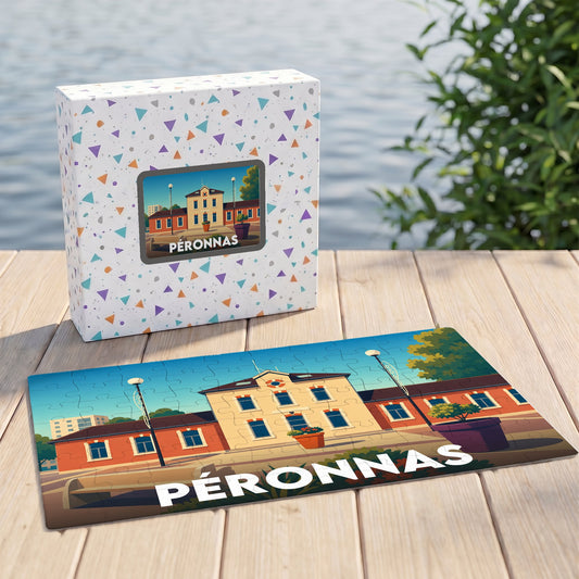 Puzzle souvenir de la ville de Péronnas avec une illustration stylisée de sa gare.